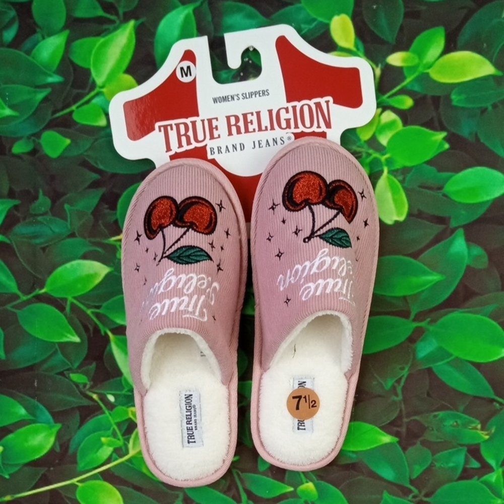 True Religion Pink Womens Slip-On Slippers with Cherry Embroidery size 7.5